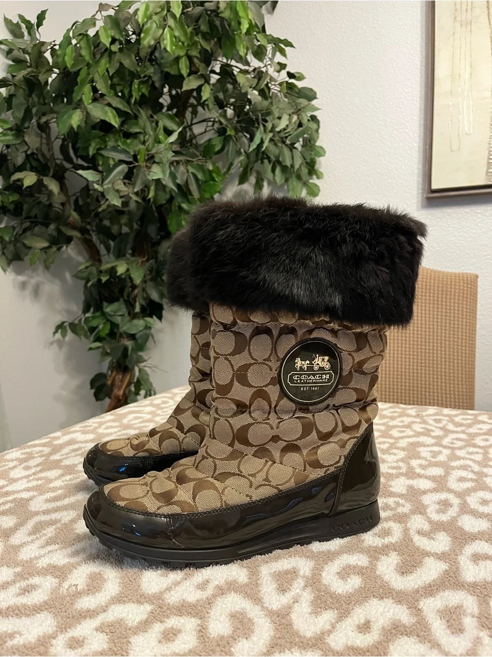 Coach Brown Signature Jacquard Fur-Trim Winter Boots